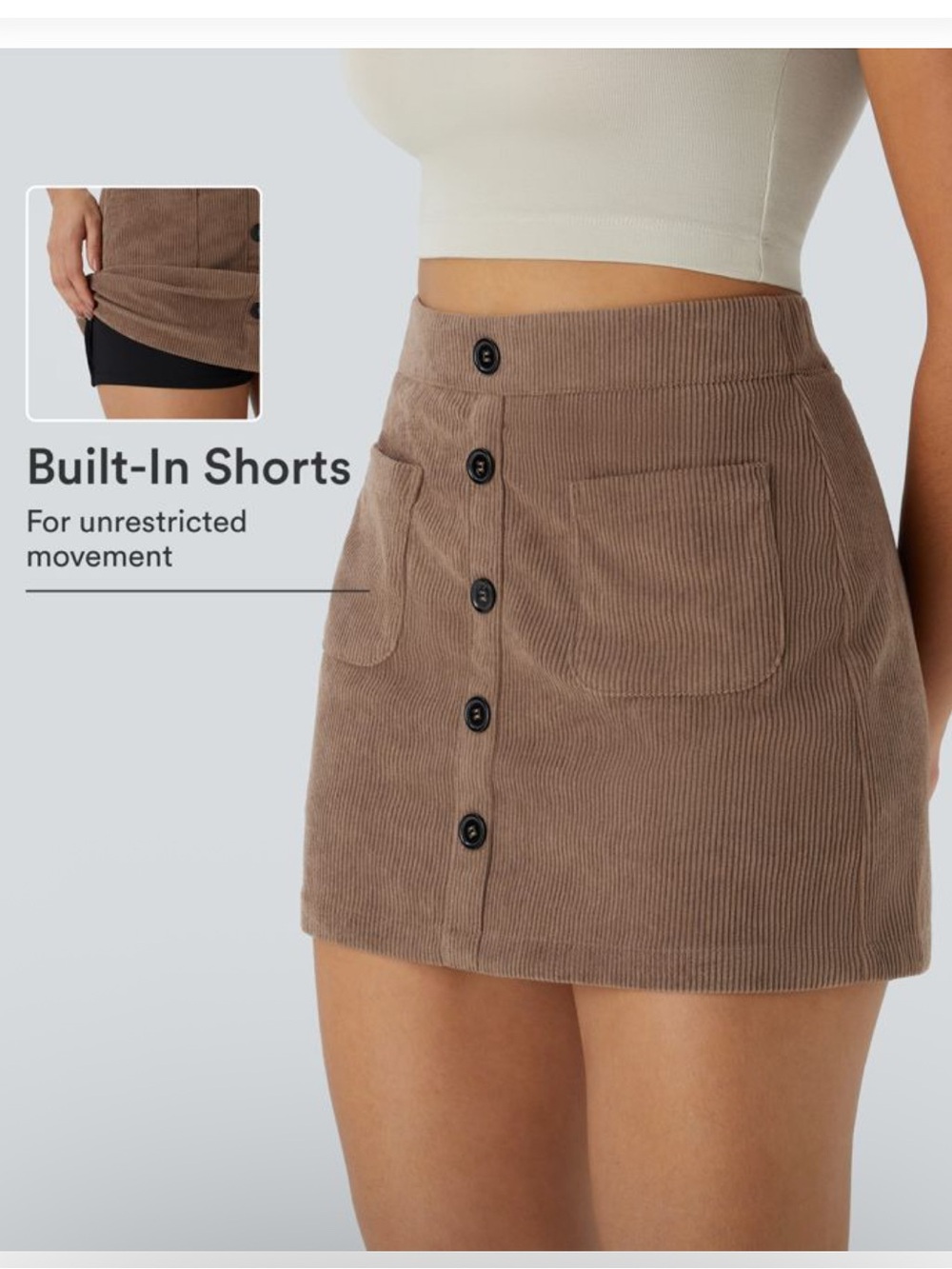 Halara Brown Corduroy Button-Front Mini Skort